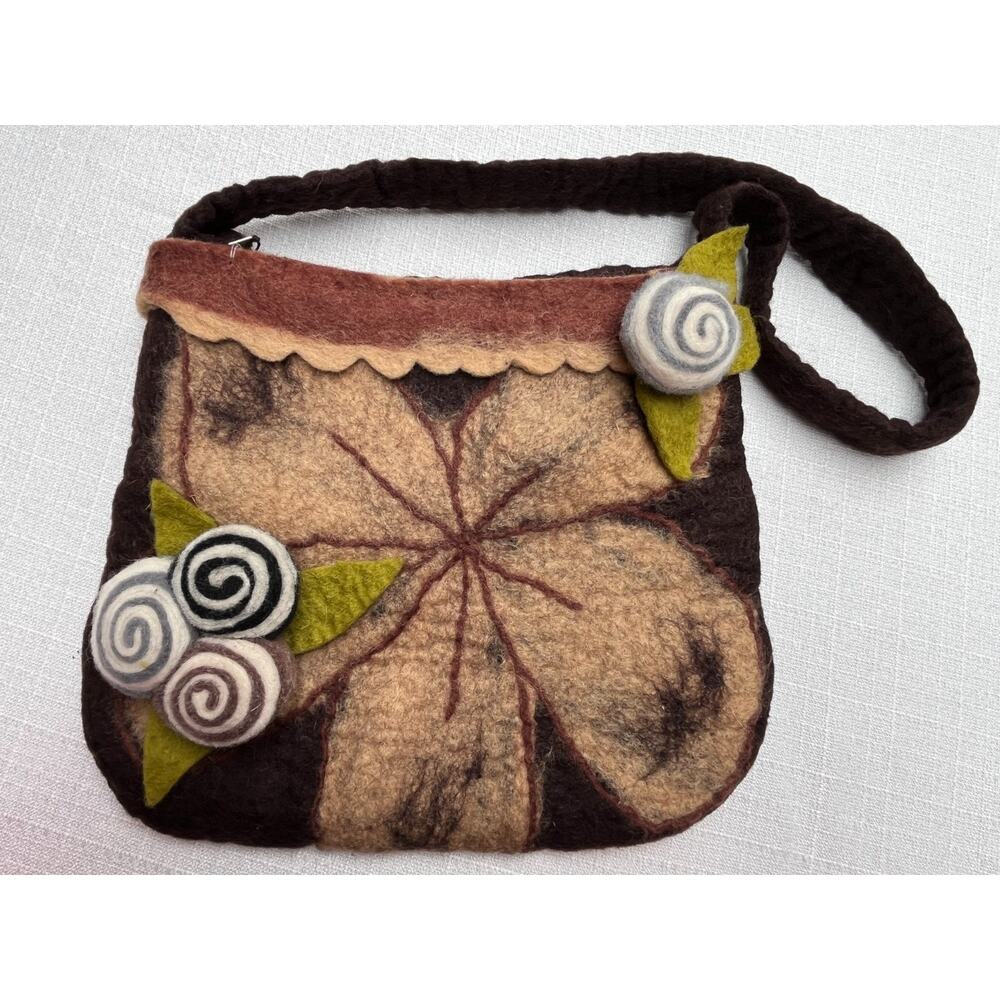 Handmade WOOL FELTED Flower Accent Purse Made In Nepal, 11" x 10"